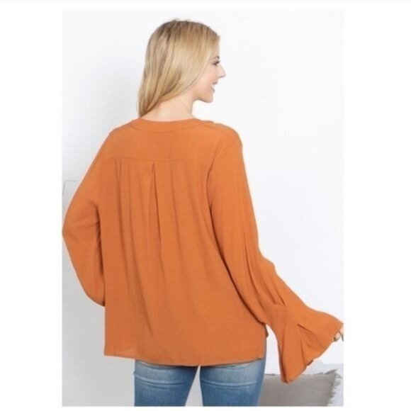 Flowy Rust Orange V-Neck Bell Sleeve Blouse Top Lightweight -NEW - Picture 5 of 12